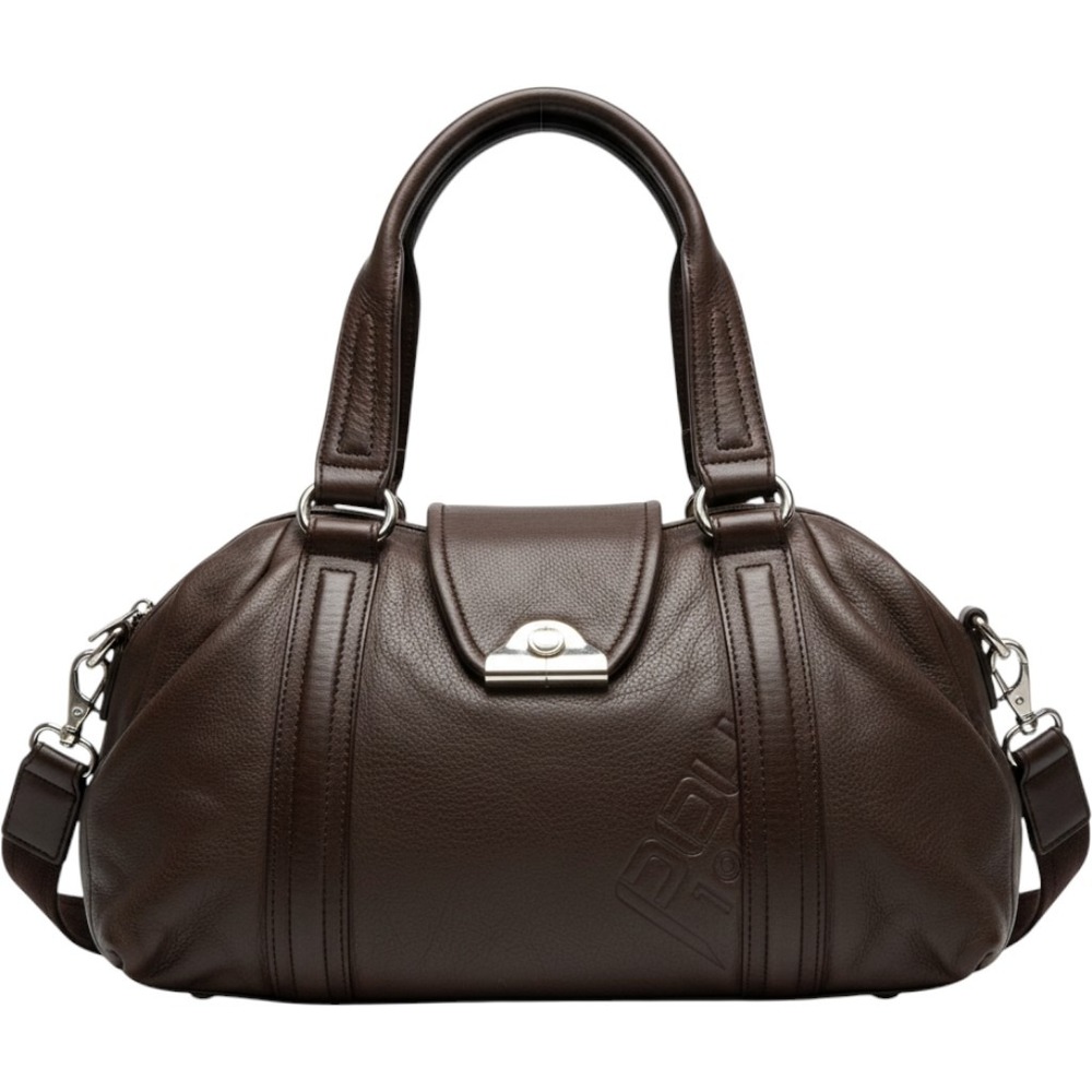 Pourchet Paris Brown Pebbled Leather Satchel Bowler Bag Silver Hardware